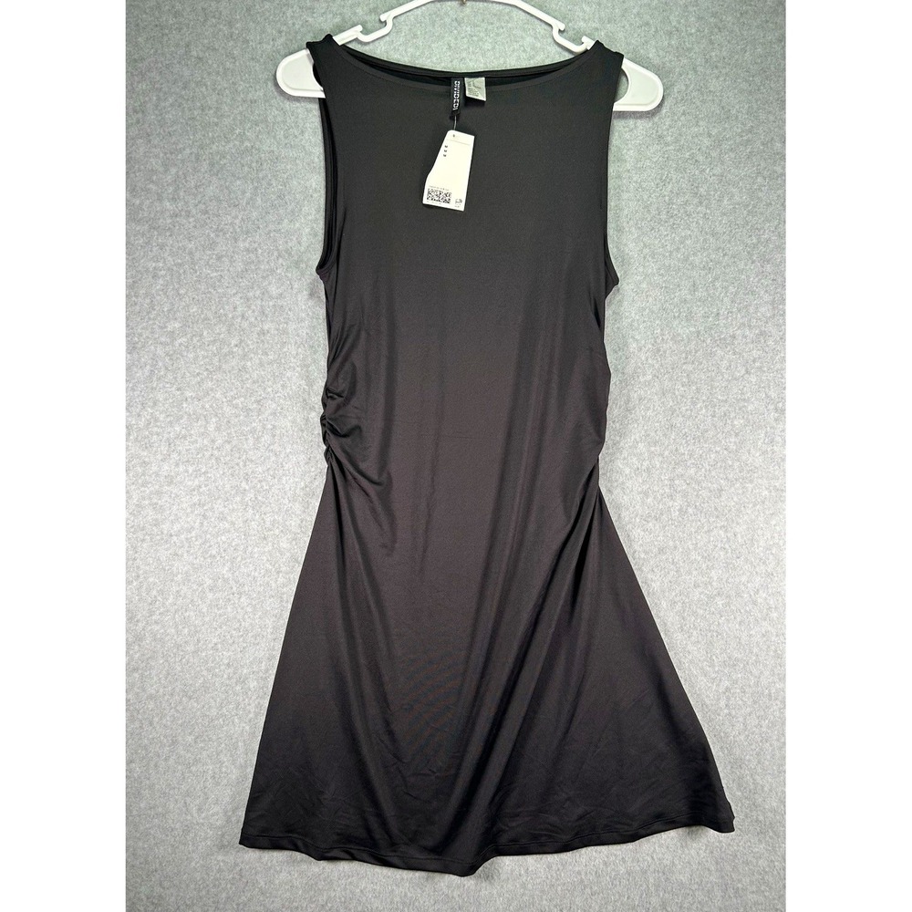 H&M Divided Black Ruched A-Line Dress Womens M Knit Stretch Crew Neck Pullover
